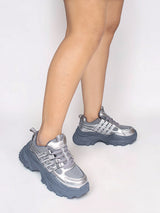 Grey Mesh Textured Overlay Design With Thick Sole Chunky Sneakers (TC-8785-4-GRY)