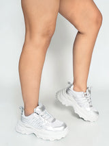 Silver Mesh Textured Overlay Design With Thick Sole Chunky Sneakers (TC-8785-4-SIL)