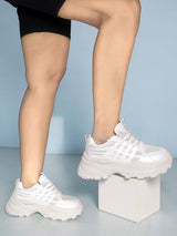 White Mesh Textured Overlay Design With Thick Sole Chunky Sneakers (TC-8785-4-WHT)