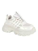 White Mesh Textured Overlay Design With Thick Sole Chunky Sneakers (TC-8785-4-WHT)