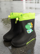 Black Rubber Dinosaur Applique Detailed Lace-Up Rain Boots For Kids-Unisex (TC-97-300-BLK)