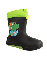 Black Rubber Dinosaur Applique Detailed Lace-Up Rain Boots For Kids-Unisex (TC-97-300-BLK)