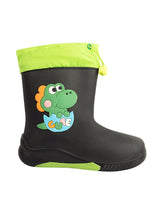 Black Rubber Dinosaur Applique Detailed Lace-Up Rain Boots For Kids-Unisex (TC-97-300-BLK)