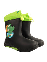 Black Rubber Dinosaur Applique Detailed Lace-Up Rain Boots For Kids-Unisex (TC-97-300-BLK)