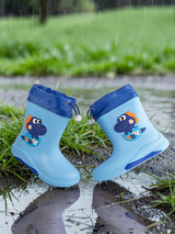 Blue Rubber Dinosaur Applique Detailed Lace-Up Rain Boots For Kids-Unisex (TC-97-300-BLU)