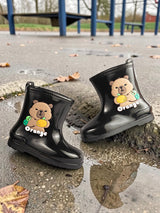 Black Rubber Bear Applique Detailed Slip-On Rain Boots For Kids-Unisex (TC-97-899-BLK)