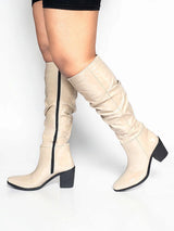 Beige Patent Leather Ruched Design Block Heel Long Boot (TC-AVI-01-BEIG)