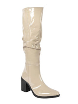 Beige Patent Leather Ruched Design Block Heel Long Boot (TC-AVI-01-BEIG)