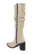 Beige Patent Leather Ruched Design Block Heel Long Boot (TC-AVI-01-BEIG)