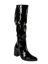Black Patent Leather Ruched Design Block Heel Long Boot (TC-AVI-01-BLK)