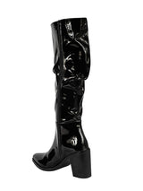 Black Patent Leather Ruched Design Block Heel Long Boot (TC-AVI-01-BLK)