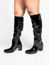 Black Patent Leather Ruched Design Block Heel Long Boot (TC-AVI-01-BLK)