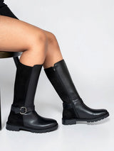 Black Synthetic Leather Side Buckle Block Heel Long Boot (TC-AVI-02-BLK)