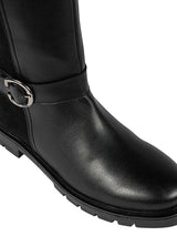 Black Synthetic Leather Side Buckle Block Heel Long Boot (TC-AVI-02-BLK)