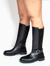 Black Synthetic Leather Side Buckle Block Heel Long Boot (TC-AVI-02-BLK)