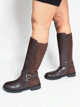 Brown Synthetic Leather Side Buckle Block Heel Long Boot (TC-AVI-02-BRO)