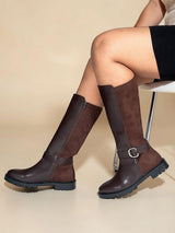Brown Synthetic Leather Side Buckle Block Heel Long Boot (TC-AVI-02-BRO)