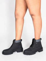 Black Synthetic Leather Lace-Up Block Heel Ankle Boot (TC-AVI-03-BLK)
