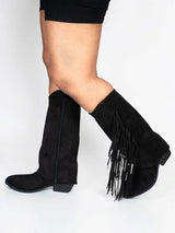 Black Suede Layered Fringe Detailing Block Heel Long Boot (TC-AVI-06-BLK)