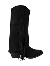 Black Suede Layered Fringe Detailing Block Heel Long Boot (TC-AVI-06-BLK)
