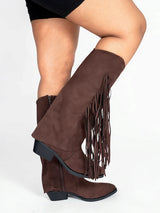 Brown Suede Layered Fringe Detailing Block Heel Long Boot (TC-AVI-06-BRO)