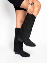Black Suede Fold Over Block Heel Long Boot (TC-AVI-07-BLK)