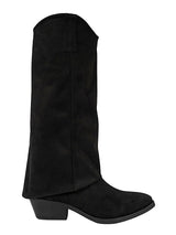 Black Suede Fold Over Block Heel Long Boot (TC-AVI-07-BLK)