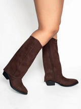 Brown Suede Fold Over Block Heel Long Boot (TC-AVI-07-BRO)