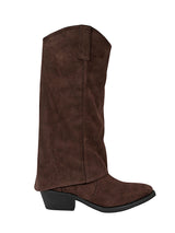 Brown Suede Fold Over Block Heel Long Boot (TC-AVI-07-BRO)