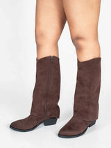 Brown Suede Fold Over Block Heel Long Boot (TC-AVI-07-BRO)