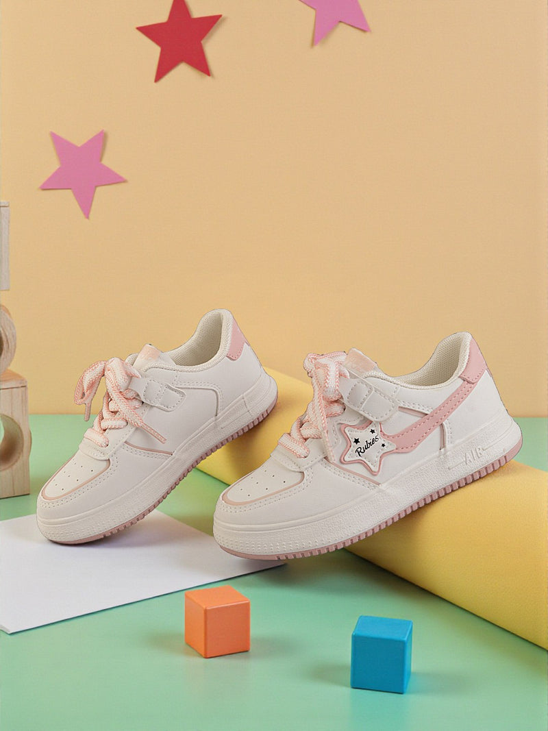 White Pink Synthetic Leather Lace-Up Sneakers For Kids-Unisex (TC-B559-WHTPNK)