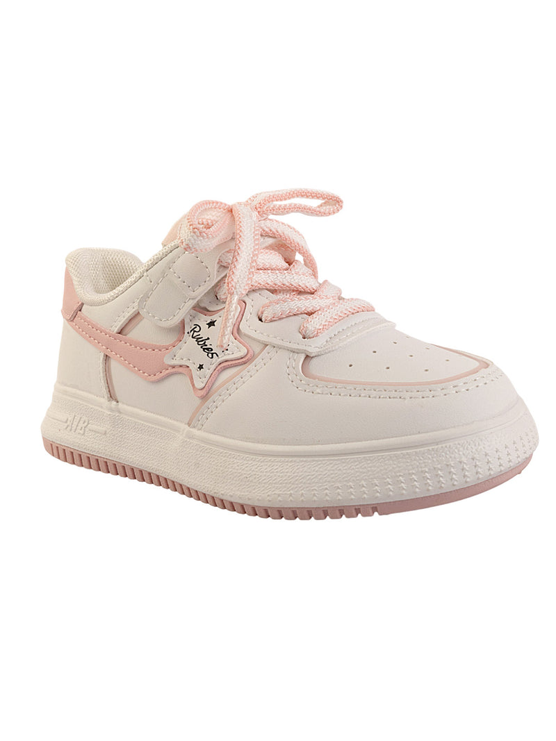 White Pink Synthetic Leather Lace-Up Sneakers For Kids-Unisex (TC-B559-WHTPNK)