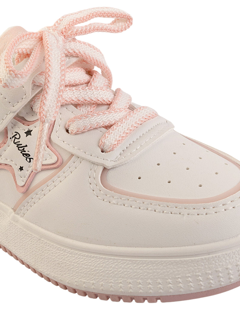 White Pink Synthetic Leather Lace-Up Sneakers For Kids-Unisex (TC-B559-WHTPNK)