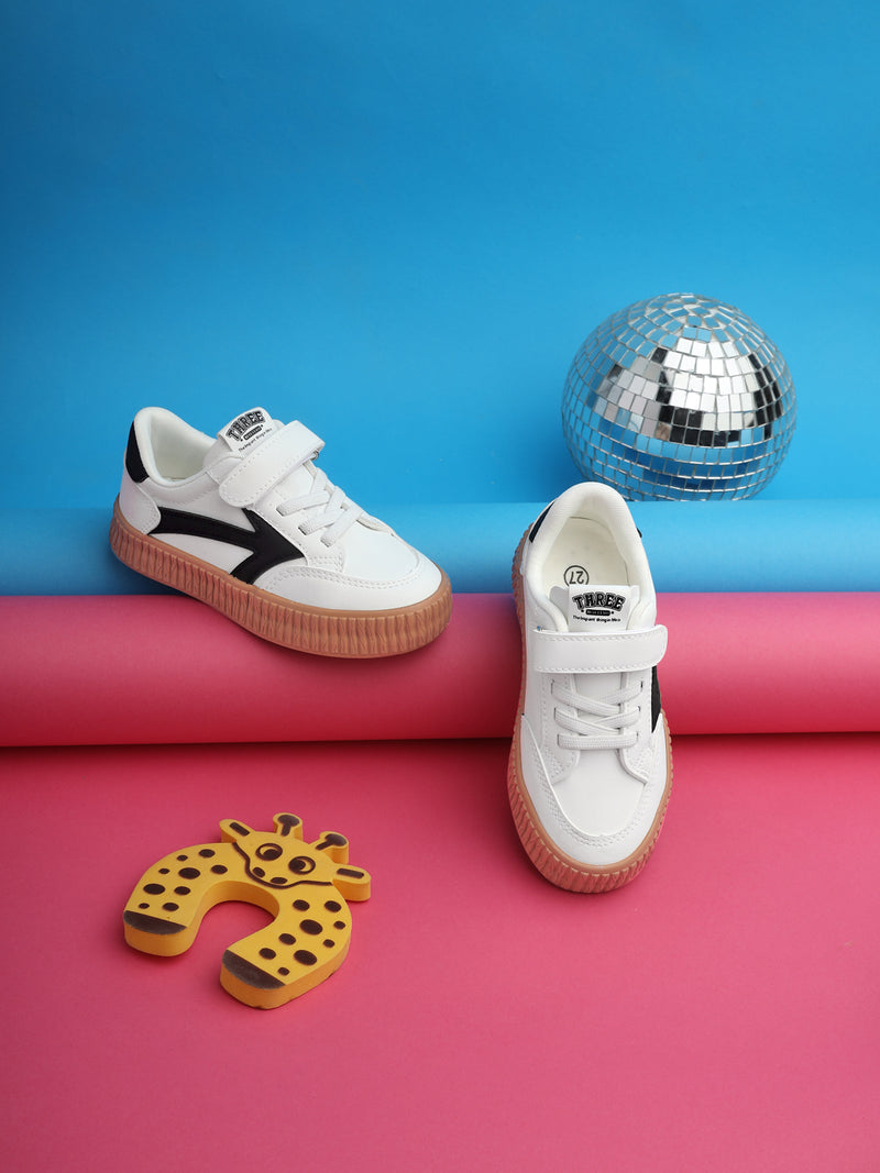 White Black PU Velcro Sneakers For Kids-Unisex (TC-B636-WHTBLK)