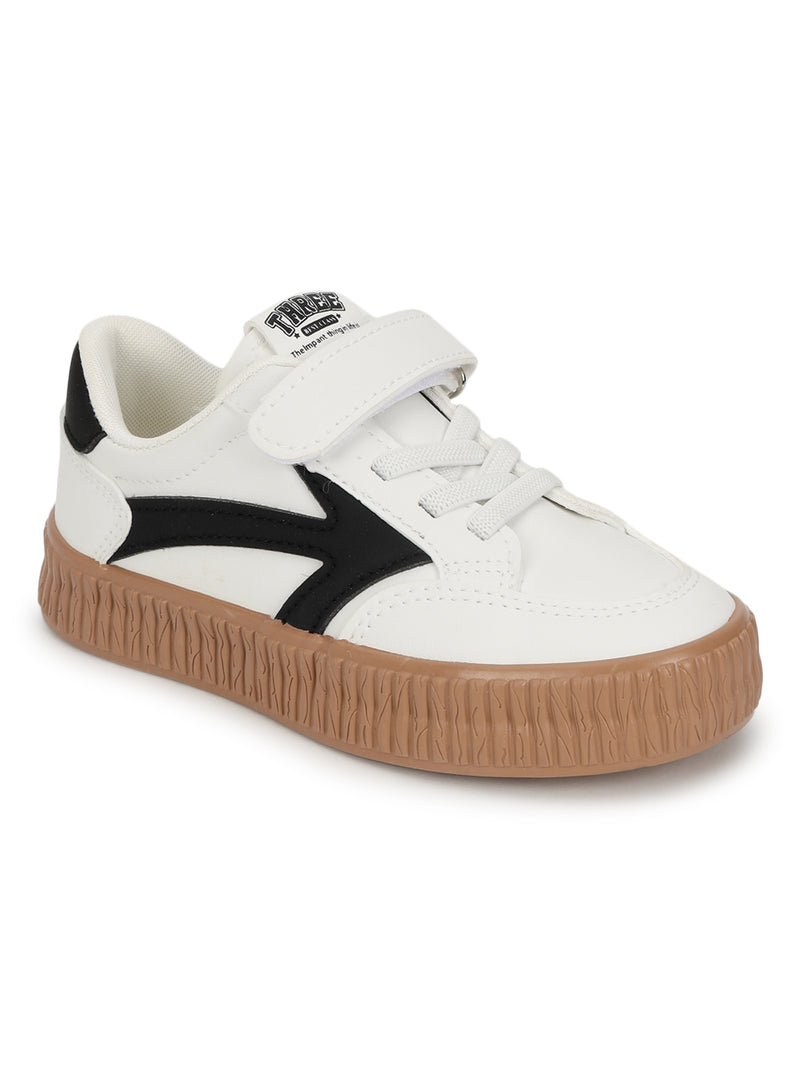 White Black PU Velcro Sneakers For Kids-Unisex (TC-B636-WHTBLK)