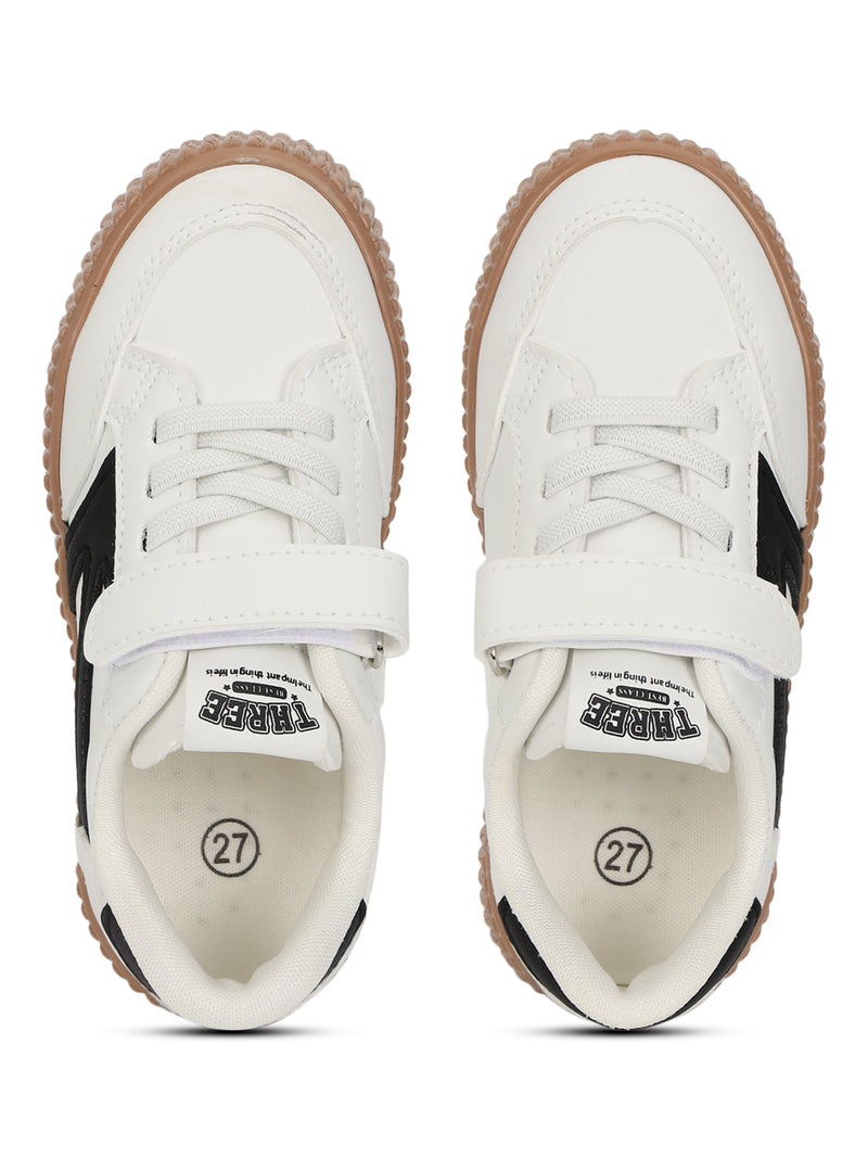 White Black PU Velcro Sneakers For Kids-Unisex (TC-B636-WHTBLK)
