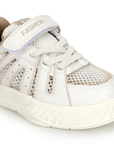 White Beige Mesh Velcro Sneakers For Kids-Unisex (TC-C557-WHTBEIG)