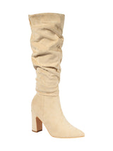 Beige Suede Pointed Toe Slouched Side Zipper Chunky Block Heel Long Boot (TC-DF003-BEIG)