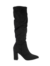 Black Suede Pointed Toe Slouched Side Zipper Chunky Block Heel Long Boot (TC-DF003-BLK)