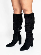 Black Suede Pointed Toe Slouched Side Zipper Chunky Block Heel Long Boot (TC-DF003-BLK)