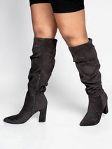 Brown Suede Pointed Toe Slouched Side Zipper Chunky Block Heel Long Boot (TC-DF003-BRO)