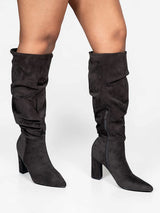 Brown Suede Pointed Toe Slouched Side Zipper Chunky Block Heel Long Boot (TC-DF003-BRO)