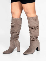 Khaki Suede Pointed Toe Slouched Side Zipper Chunky Block Heel Long Boot (TC-DF003-KHA)