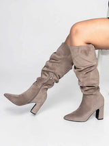 Khaki Suede Pointed Toe Slouched Side Zipper Chunky Block Heel Long Boot (TC-DF003-KHA)