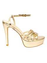 Gold Synthetic Leather Stylish Open Toe Buckle Ankle Strap Stiletto Heel Sandals (TC-H6646-GLD)