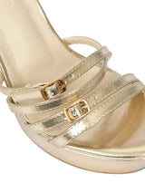 Gold Synthetic Leather Stylish Open Toe Buckle Ankle Strap Stiletto Heel Sandals (TC-H6646-GLD)