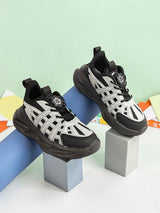 Black Synthetic Leather Rotating Button Closure Sneakers For Kids-Unisex (TC-L9966-BLK)