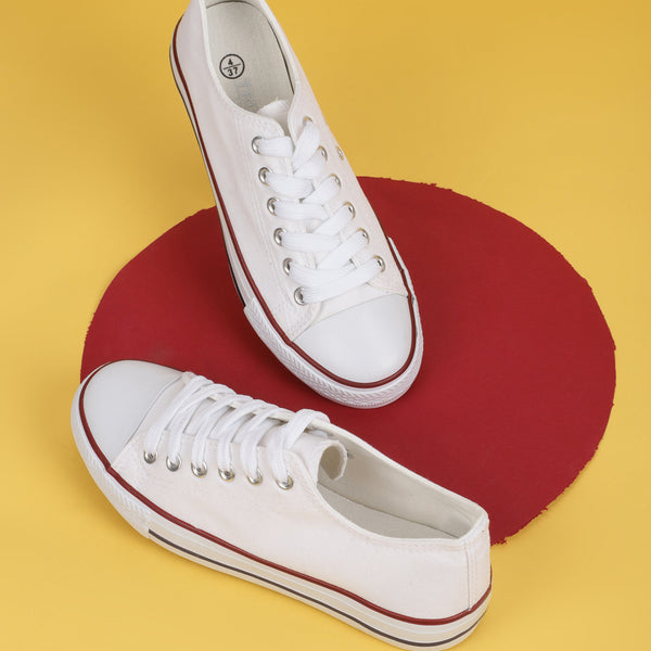 White Canvas Canvas Tie Up Shoes White Canvas Stylish Lace-Up