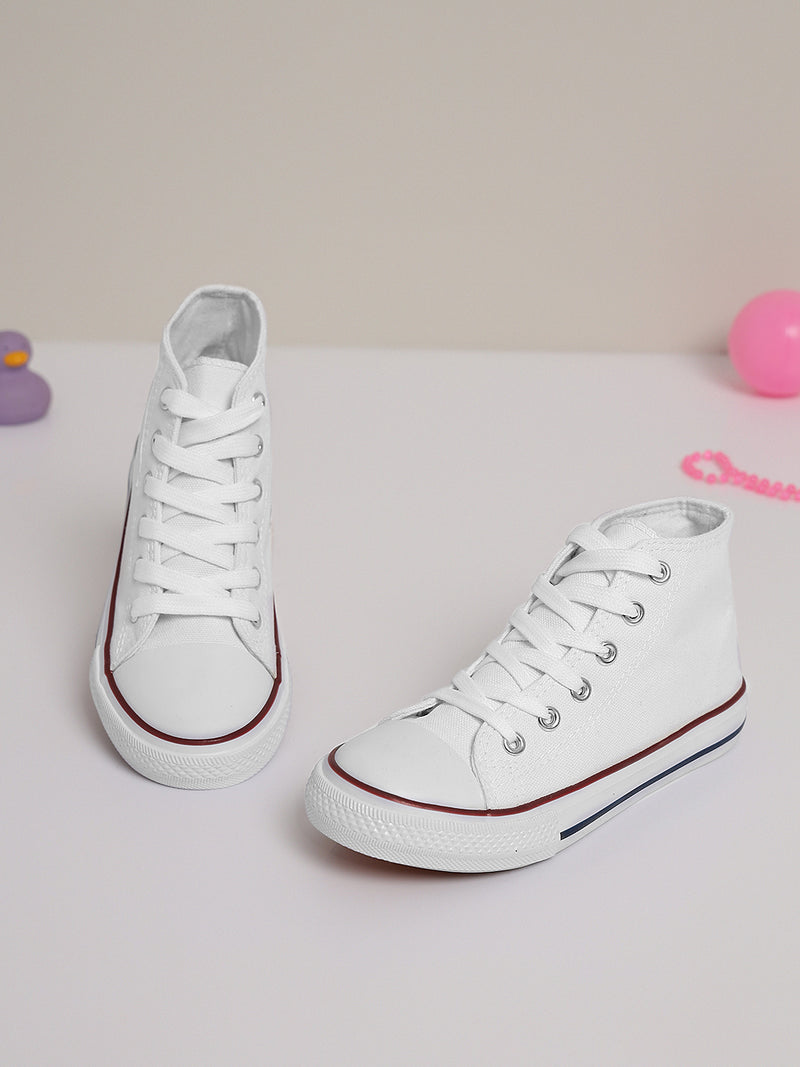 White Canvas High Ankle Stylish Lace Up Sneakers For Kids Unisex TC LKCAN4 WHT