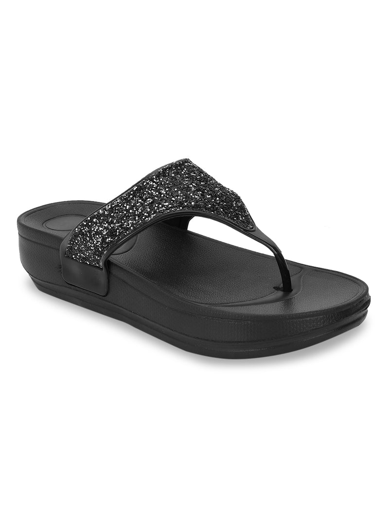 Black PU Glitter Comfort Flats (TC-LLE-9162-BLK)